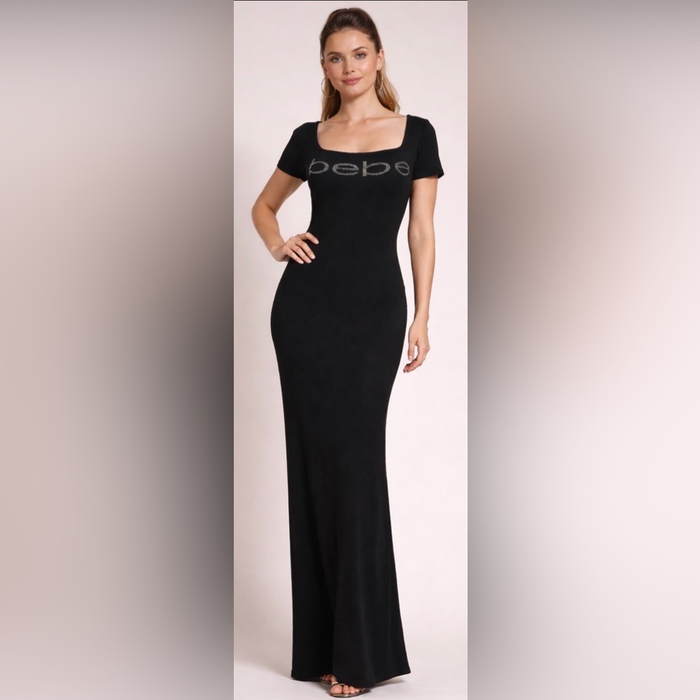 Bebe Y2K Rhinestone Black Spellout Logo Bodycon Maxi Dress Scoop‎ Back Slit S